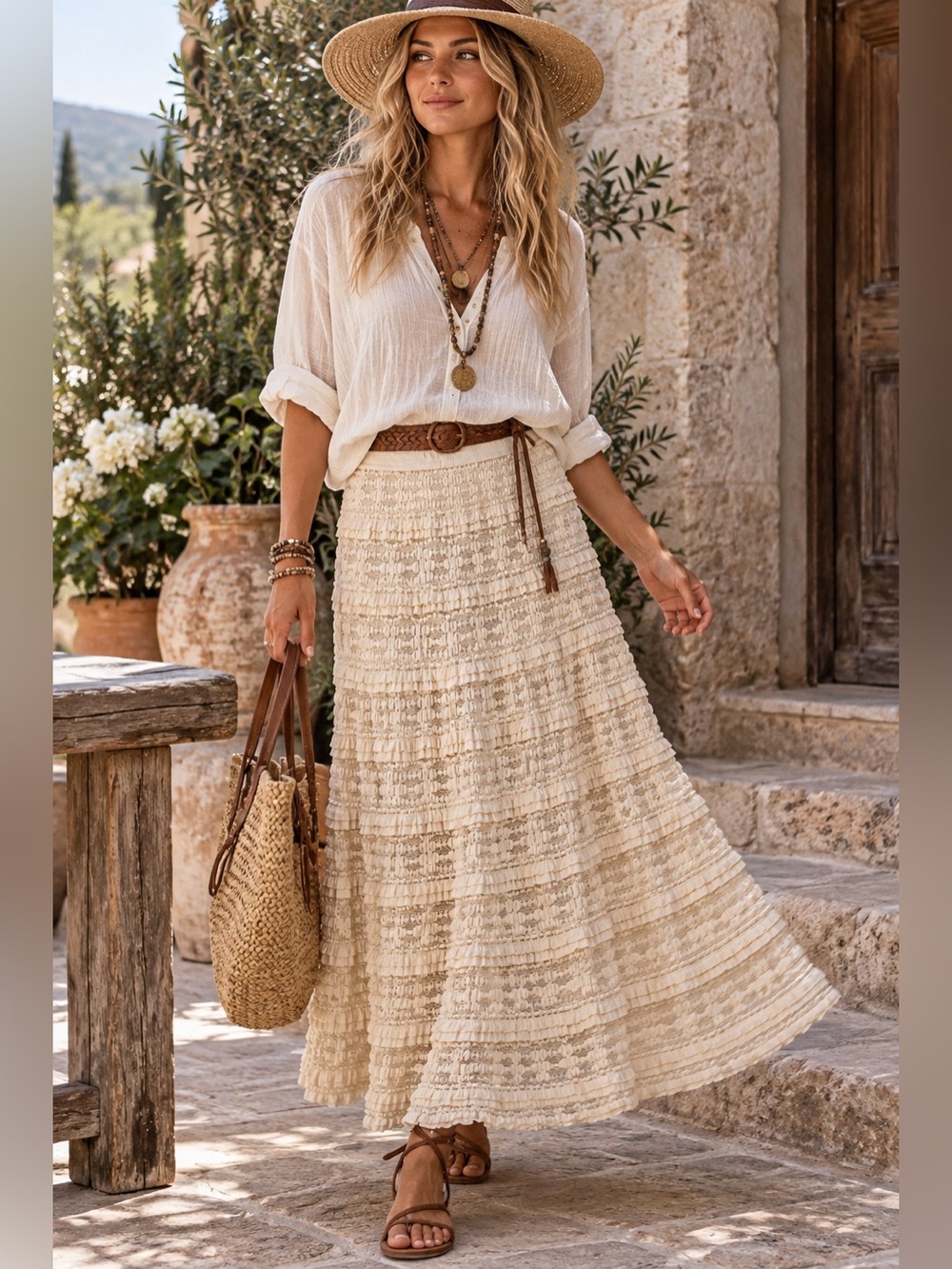Max Studio Cream Tiered Lace Maxi Skirt